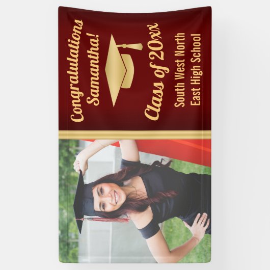 Classic Maroon Gold Custom Foto Afstuderen Sign Spandoek (Verticaal)