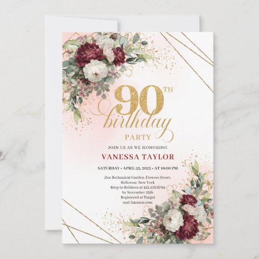 Classic Marsala Floral Greenery 90th Birthday Kaart (Voorkant)