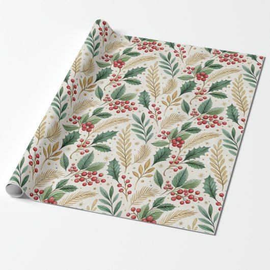 Classic Merry & Bright Red Green and Gold Holly Cadeaupapier (Uitgerold)