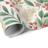Classic Merry & Bright Red Green and Gold Holly Cadeaupapier (Rol Hoek)