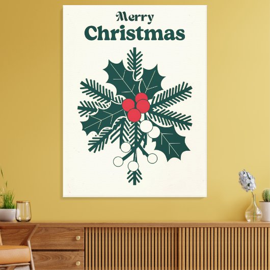 Classic Merry Christmas Holly Canvas Afdruk (Insitu (Woonkamer))