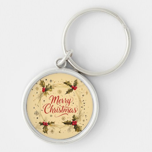 Classic Merry Christmas Kaart met Holly Design Sleutelhanger (Voorkant)
