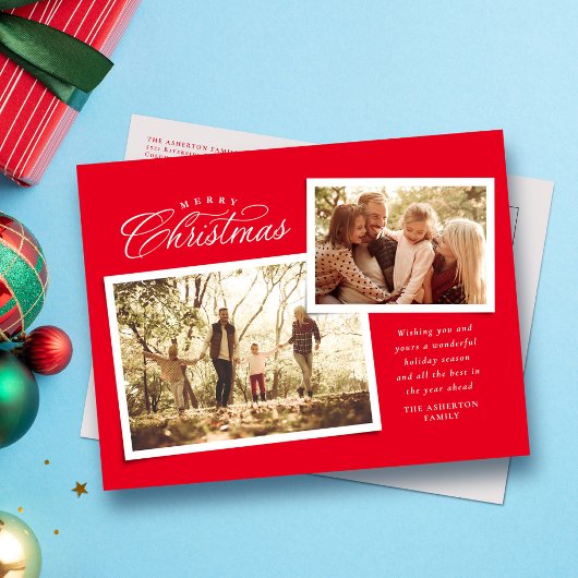 Classic Merry Christmas script twee foto's rood Feestdagenkaart