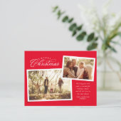 Classic Merry Christmas script twee foto's rood Feestdagenkaart (Staand voorkant)
