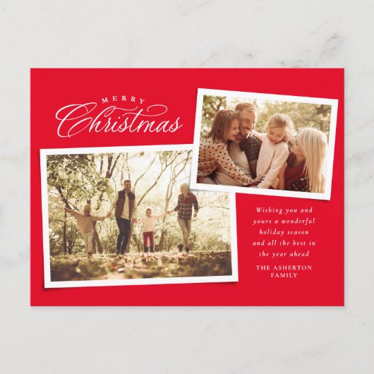Classic Merry Christmas script twee foto's rood Feestdagenkaart (Voorkant)