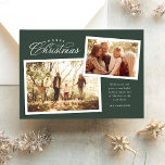 Classic Merry Christmas script two photo green Feestdagenkaart<br><div class="desc">Send Christmas cheer this year with this simple and elegant green two-photo holiday card. The beautiful Merry Christmas type treatment is paired with two scrapbook style photos. The festive holiday card also features an area for a custom message above the name and year. The matching green backer is dotted with...</div>