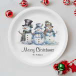 Classic Merry Christmas Waterverf Snowman Party Papieren Bordje<br><div class="desc">Verhoog uw kerstviering met onze feestelijke papieren borden, versierd met een vrolijke sneeuwpopfamilie en de hartverwarmende boodschap van 'Vrolijk kerstfeest'. Deze borden zijn doordacht ontworpen om een vleugje feestelijke charme toe te voegen aan uw tafelomgeving, waardoor ze de perfecte metgezel zijn voor uw heerlijke vakantietraktaties. Pas de borden aan met...</div>