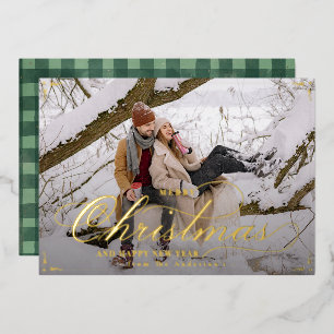 Classic Merry Green kerst Gingham Aangepaste foto Folie Feestdagenkaart