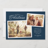 Classic Merry kerstscript twee foto blauw Feestdagenkaart (Voorkant)