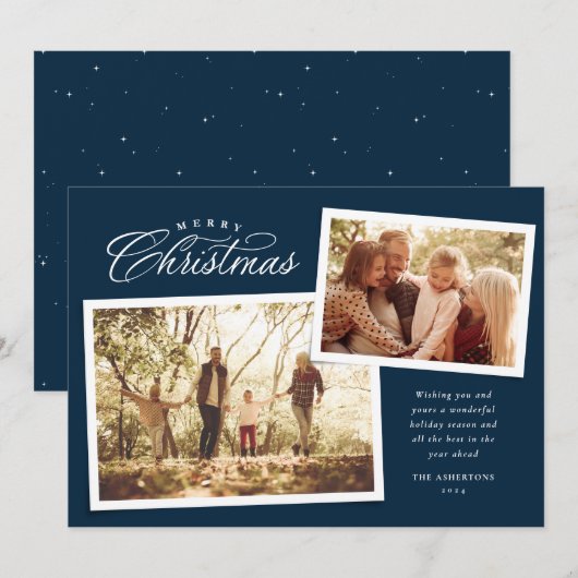 Classic Merry kerstscript twee foto blauw Feestdagenkaart (Voorkant / Achterkant)