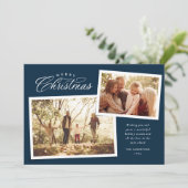 Classic Merry kerstscript twee foto blauw Feestdagenkaart (Staand voorkant)