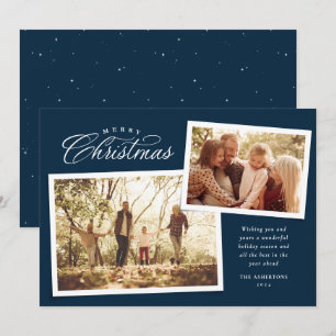 Classic Merry kerstscript twee foto blauw Feestdagenkaart