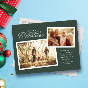 Classic Merry kerstscript twee foto groen Feestdagenkaart