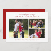 Classic Minimal Modern Merry Christmas Red 3 Foto Feestdagenkaart (Voorkant / Achterkant)