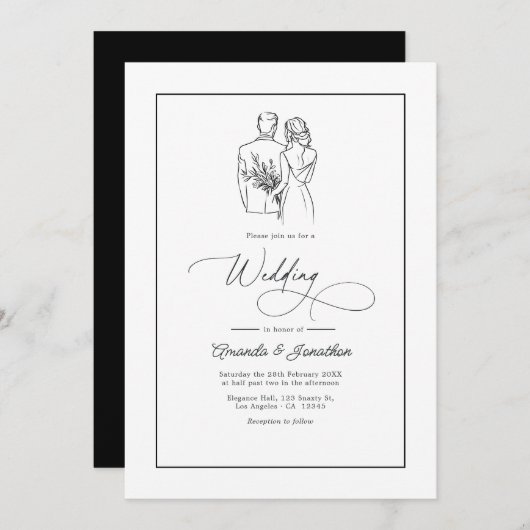Classic Minimalist Black and White Wedding Kaart (Voorkant / Achterkant)