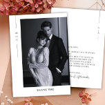 Classic Minimalist Black White Photo Wedding Bedankkaart<br><div class="desc">Minimalist and elegant one-photo wedding thank you card featuring a beautiful black-and-white photo on a soft white background. This modern wedding photo thank you card is perfect for sharing a favorite moment from your special day while expressing your gratitude to family and friends. The back showcases the couple’s names in...</div>