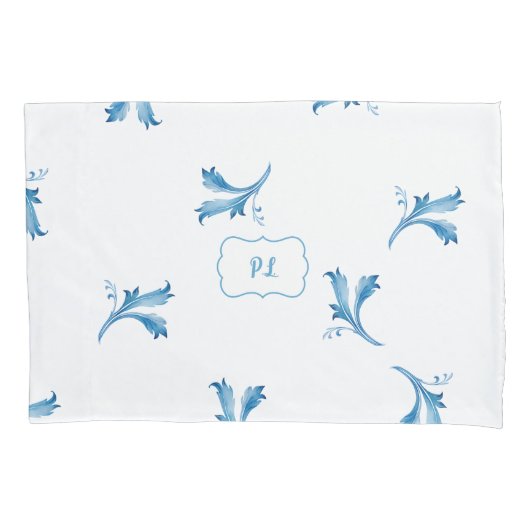 Classic Minimalist Blue Tile Leaf Ornaments Kussensloop (Voorkant-Links)