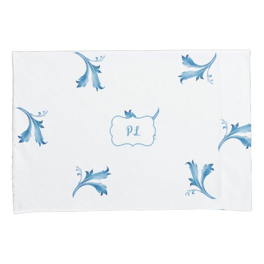 Classic Minimalist Blue Tile Leaf Ornaments Kussensloop (Voorkant-Rechts)