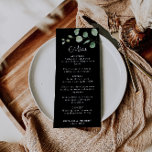 Classic Minimalist Eucalyptus Black Weduwmenu Menu<br><div class="desc">Dit klassieke minimalistische zwarte eucalyptustrouwmenu is perfect om een bijtende bruiloft aan te vullen. Het ontwerp is voorzien van een mooie calligrafische lettersoort en een groene waterverf eucalyptus op een zwarte achtergrond.</div>