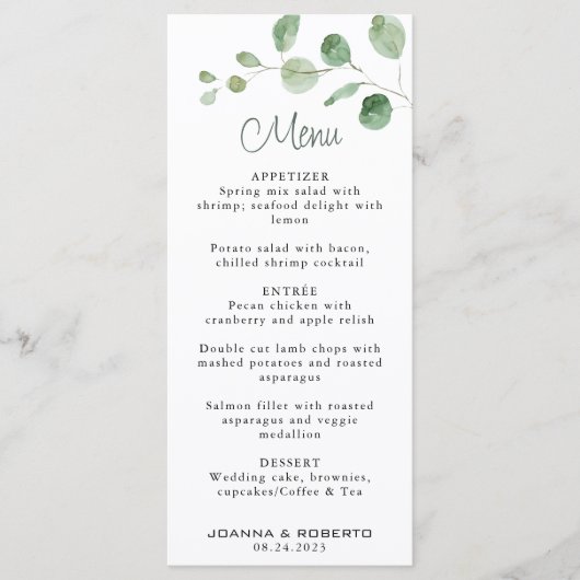 Classic Minimalist Eucalyptus Formal Wedding Menu (Voorkant)