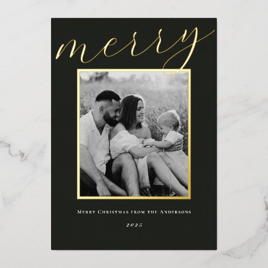 Classic Minimalist Gold Lijst Familiefoto Folie Feestdagenkaart (Voorkant)