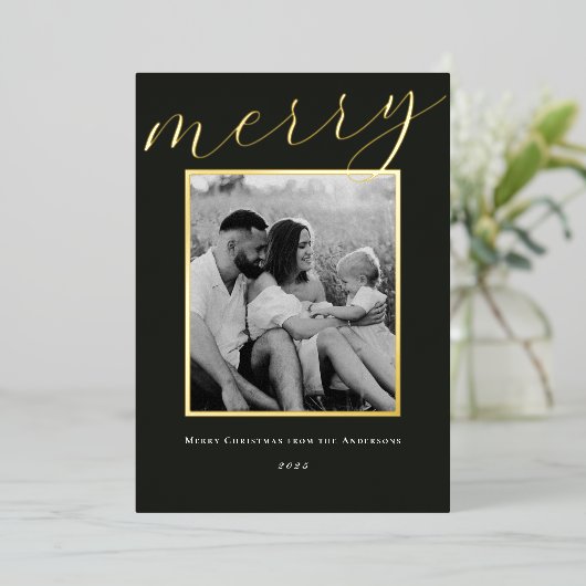 Classic Minimalist Gold Lijst Familiefoto Folie Feestdagenkaart (Staand Voorkant)