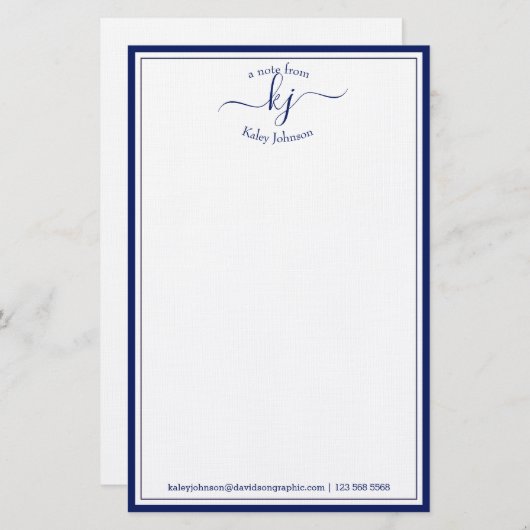 Classic Minimalist Monogram Script Navy Lijst Briefpapier (Voorkant / Achterkant)