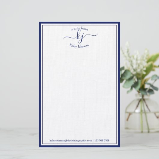 Classic Minimalist Monogram Script Navy Lijst Briefpapier (Staand voorkant)