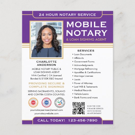 Classic Mobile Notary Public QR Code Purple Flyer (Voorkant)