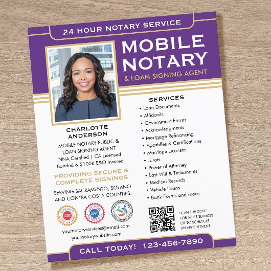 Classic Mobile Notary Public QR Code Purple Flyer