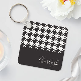 Classic Modern Black and White Houndstooth Name Sleutelhanger