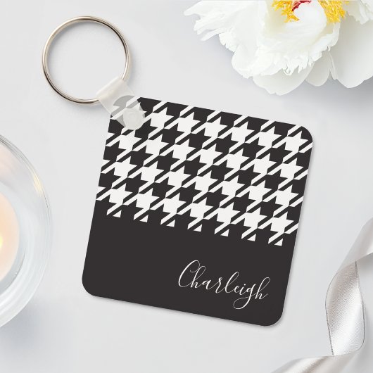 Classic Modern Black and White Houndstooth Name Sleutelhanger