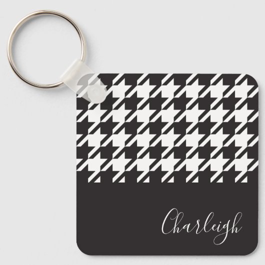 Classic Modern Black and White Houndstooth Name Sleutelhanger (Voorkant)