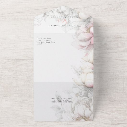 Classic Modern Ivory and Blush Floral  All In One Uitnodiging (Buitenkant)