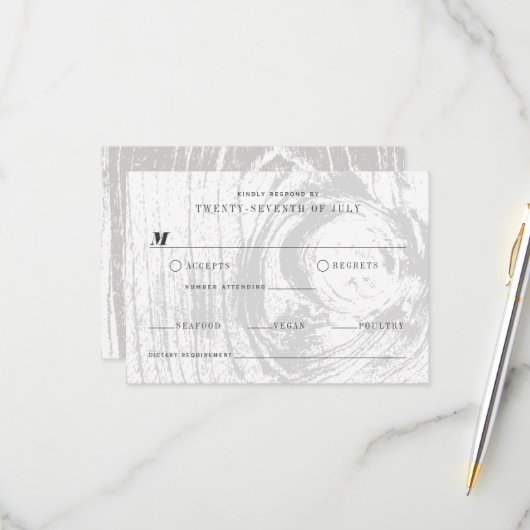 Classic Modern Rustic Wood Grain Winter Wedding RSVP Kaartje (Voorkant / Achterkant in situ)