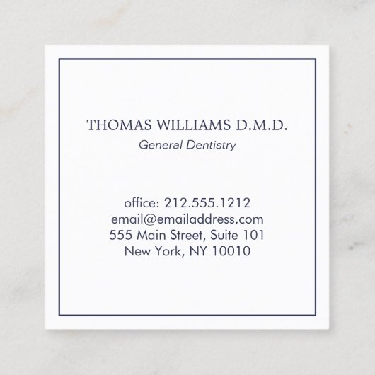 Classic Modern Tandarts Logo op Navy Blue Vierkante Visitekaartje (Achterkant)