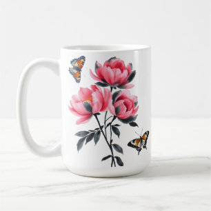 Classic Mok - Roze pioenenbloemen, vlinders