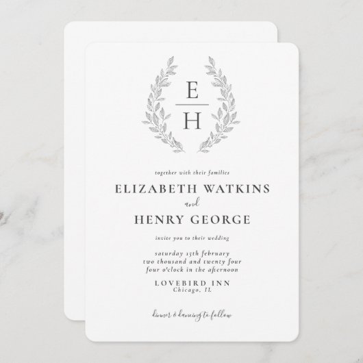 Classic Monogram Black White Fromal Wedding Invita Kaart (Voorkant / Achterkant)