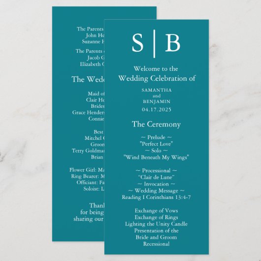 Classic Monogram Blauwgroen bruiloft Programmakaart (Voorkant / Achterkant)