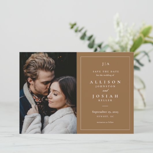 Classic Monogram Boho Wedding Photo Save The Date (Staand voorkant)