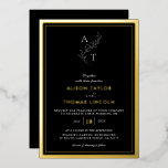 Classic Monogram Bruiloft Goud Lijst Echt Folie Uitnodiging<br><div class="desc">Zwart & wit tijdloze en stijlvolle monogram blad bruiloft uitnodiging met echte folie gouden rand en folie script.</div>