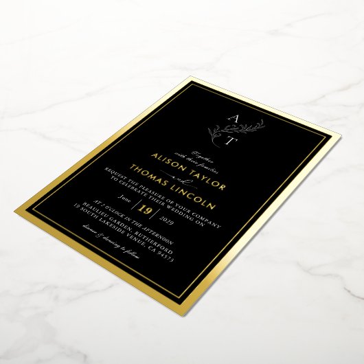 Classic Monogram Bruiloft Goud Lijst Echt Folie Uitnodiging (Gedraaid)