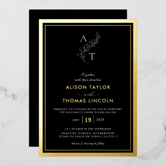 Classic Monogram Bruiloft Goud Lijst Echt Folie Uitnodiging (Voorkant / Achterkant)