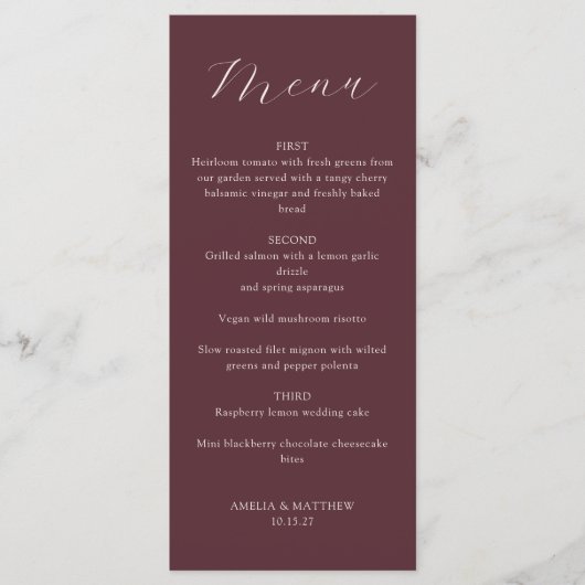 Classic Monogram Burgundy Script Weddenschap Menu (Voorkant)