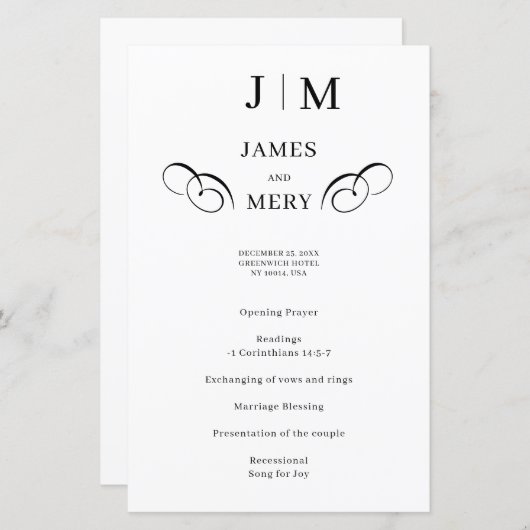 Classic Monogram Calligraphy Wedding Program (Voorkant / Achterkant)