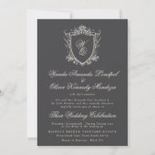 Classic Monogram Charcoal Floral Crest Wedding Kaart (Voorkant)