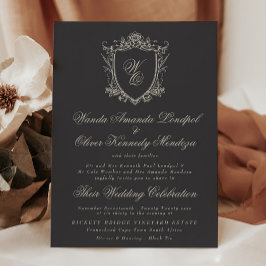 Classic Monogram Charcoal Floral Crest Wedding Kaart