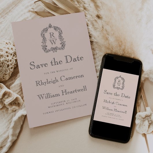 Classic Monogram Crest Blush Pink Wedding Save The Date