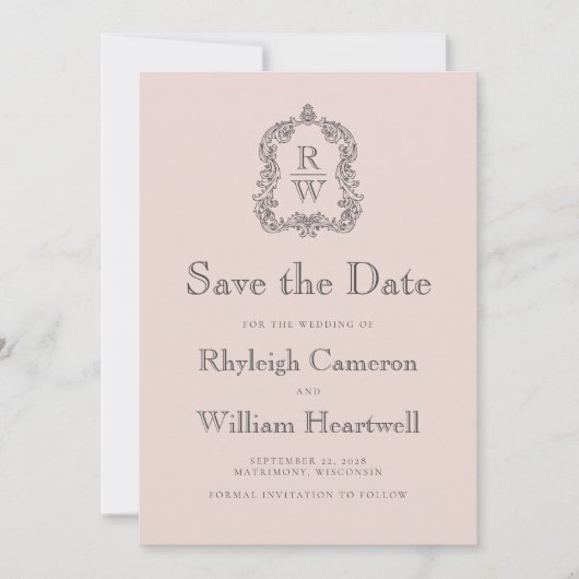Classic Monogram Crest Blush Pink Wedding Save The Date (Voorkant)