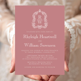 Classic Monogram Crest Dusty Roos Wedding Kaart